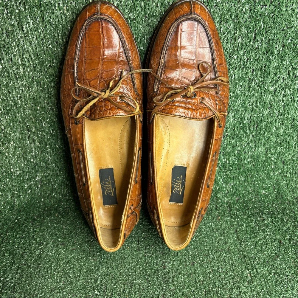 Zelli Genuine Alligator Leather Exotic Boat Style Tie Loafer Brown Men 11.5 Wide